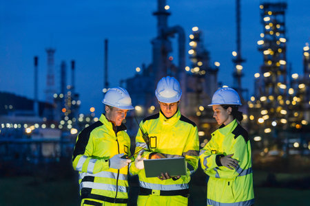 Group of Engineers team night shift working oil and gas refinery service, Workers hard work at night...