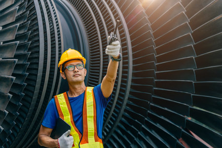 A skilled engineer examines a turbine engine, showcasing precision and safety in engineering,...