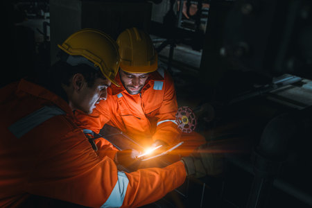 Professional Engineer team night working, Technician male work at night shift modern technology...