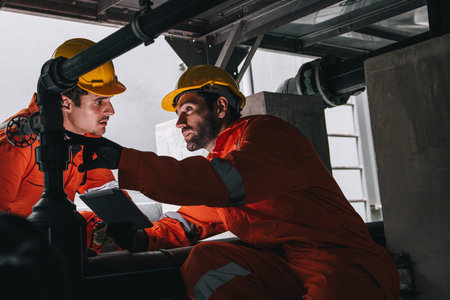 Two professional engineer male teamwork service maintenance, Worker industry water pipe tubing valve...