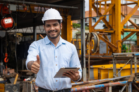 Portrait Hispanic Indian construction engineer male worker at construction site with safety hard hat...