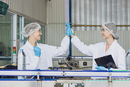 Happy workers working in drinking water factory in production live enjoy work together and smile