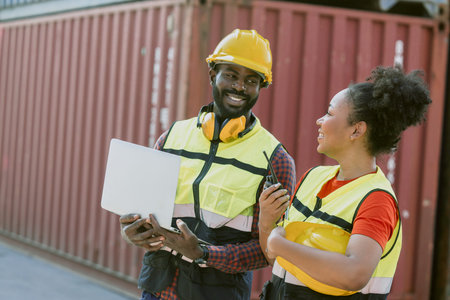 People work in container shipping port, Customs teamwork working at container yard. Container...