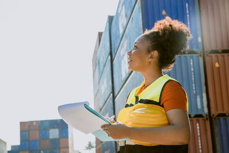 Female working in container shipping port, Customs people working at container yard. Container...