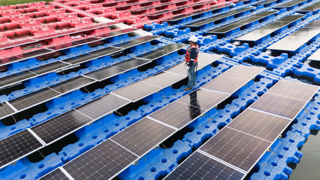 Professional engineer installation, cleaning, service maintenance floating solar panels photovoltaic...