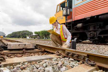 Asian young train engineer work check inspect service maintenance locomotive railway train track...