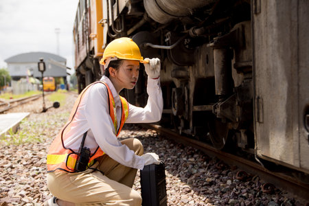 Asian young teen engineer worker work in Train station, Old locomotive service maintenance work...