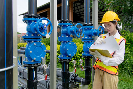 Engineer technician field work check new installation progressing cavity pumps with high pressure...