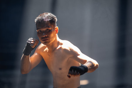 Thai boxing, Portrait muay thai fighter, Young man boxer, kick boxing male ,Asian martial artsの写真素材