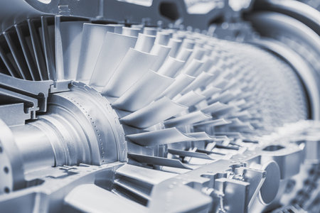 Interior gas Turbine Engine, High Precision Advance Engineering. Large Fan blade rotor In Jet Engine...