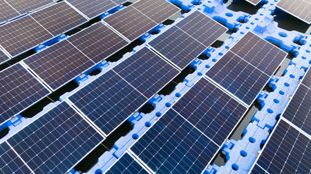 Drone view of Floating Solar Panel. Solar photovoltaic panel PV System in Industry lake water pond....