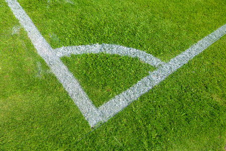 Football Corner Kick Area, Free kick pitch area soccer field corner line closeupの写真素材