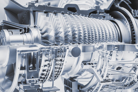Interior gas Turbine Engine, High Precision Advance Engineering. Large Fan blade rotor In Jet Engine...