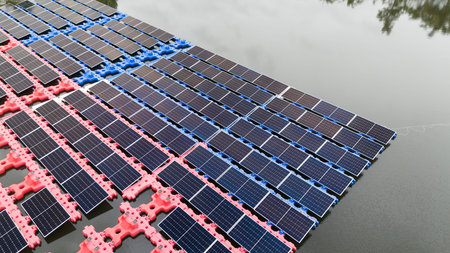 Drone view of Floating Solar Panel. Solar photovoltaic panel PV System in Industry lake water pond....