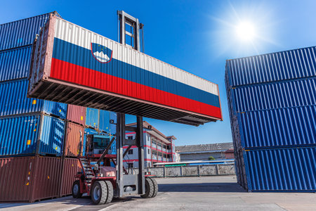 Products shipping cargo goods with Slovenia flag for import export business from Port of Koper Slovenia countryの写真素材