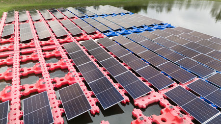 Drone view of Floating Solar Panel. Solar photovoltaic panel PV System in Industry lake water pond....