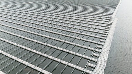 Water buoy platform array prepared for Floating Solar Panel. Solar photovoltaic panel PV System in...