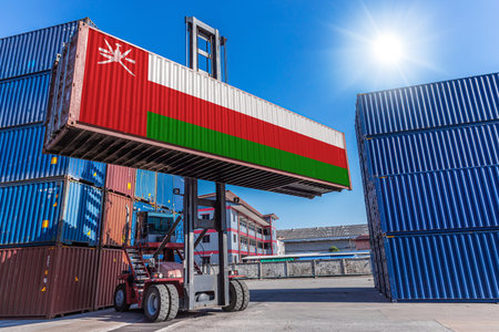 Products shipping cargo goods with Oman flag for import export business from Port of Salalah Oman countryの写真素材