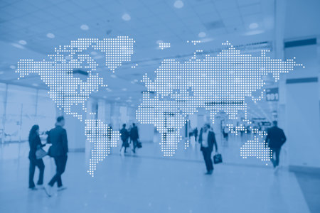 World map with convention center hall corridor background, World conference, International business world wide meeting summit backdropの写真素材