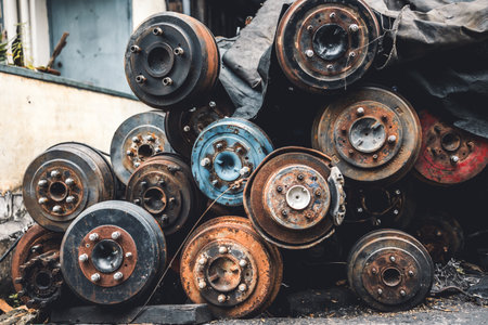 garage scrapyard, old used vehicle spare part engine block car body parts storage for recycle or repair for saleの写真素材