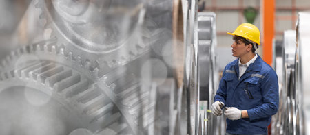 Industrial worker in blue uniform and yellow safety helmet inspecting machinery at factory, engineer...
