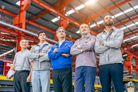 Group of male team workers mix race standing together happy success work high perform project in heavy industry factoryの写真素材