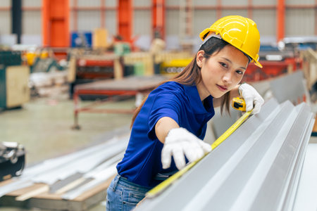 Young Asian woman teen engineer worker professional working, metal plate size meter, technician measuring products size work in metal sheet factoryの写真素材