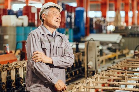 Senior worker tired exhausted muscle pain, Suffering arm pain from hard work in heavy industryの写真素材