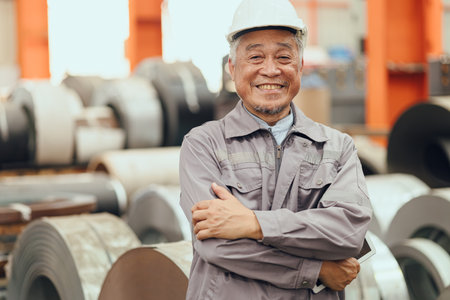 Senior Asian engineer man worker happy smiling professional working in heavy industry plant factoryの写真素材
