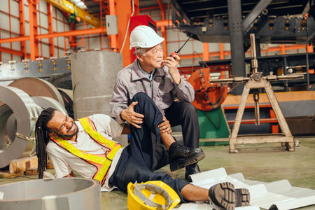 Accident worker in workplace, young man down leg injury senior supervisor plant manager emergency...