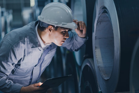 Professional engineer man working in heavy metal industry checking metal sheet roll with care...