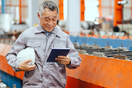 Professional senior engineer, Japanese expert engineer male happy working in heavy industry...