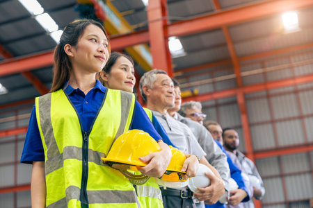 Group of team workers mix race standing together happy smiling working in heavy industry factory