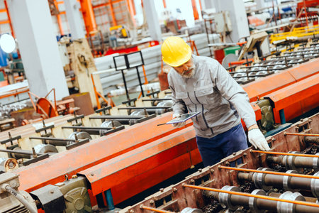 Professional senior Industrial worker in protective helmet and uniform service machinery in factory