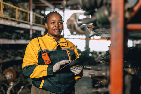 Happy Black African women engineer worker enjoy working in old used metal machine part stock inventory warehouse.の写真素材