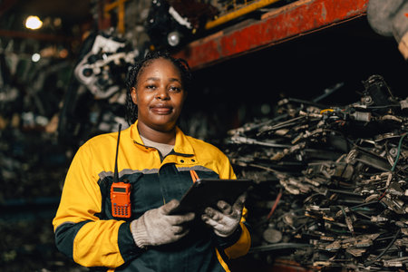 Happy Black African women engineer worker enjoy working in old used metal machine part stock inventory warehouse.の写真素材