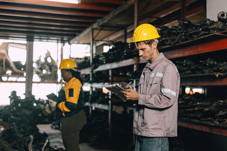 Engineer technician male worker work checking stock in old used machine part warehouse with safety...