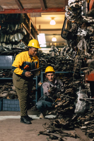 African women with engineer man staff worker working together heavy industry old used metal machine...