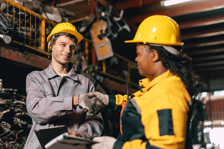 Staff employee women and man friend hand shaking first meeting working happy togetherの写真素材