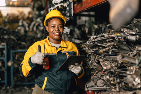 Happy smiling Black African women engineer worker hand show thumbs up for good like confirm approved...