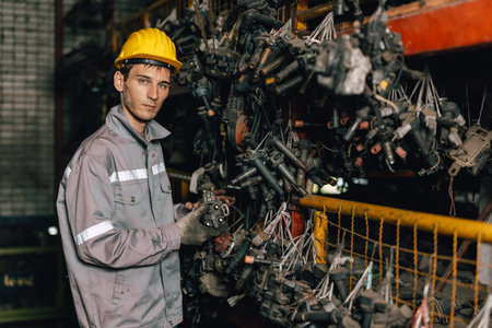 Engineer technician male worker work checking stock in old used machine part warehouse with safety...