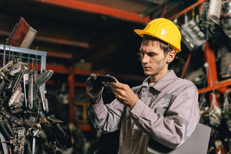 Engineer technician male worker work checking stock in old used machine part warehouse with safety hardhat.の写真素材