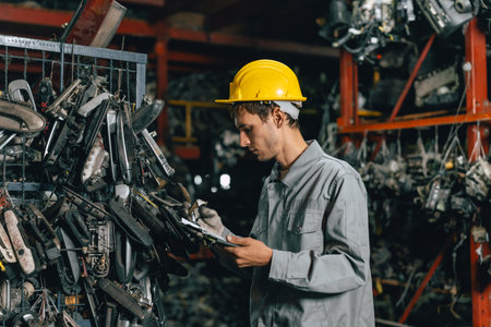 Technician male worker working in garage scrap yard old car part workshop warehouse