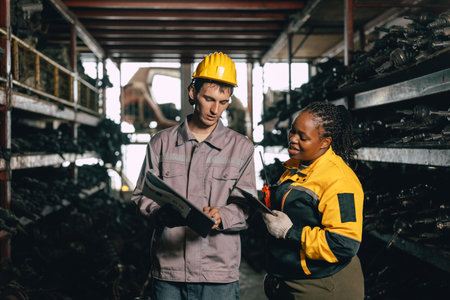 African women with engineer man staff worker working together heavy industry old used metal machine part stock inventory warehouse.の写真素材