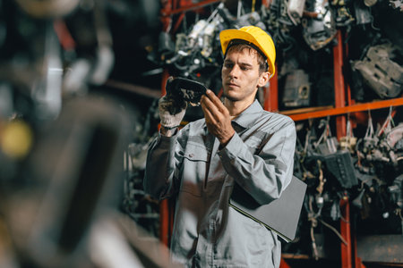 Technician male worker working in garage scrap yard old car part workshop warehouse