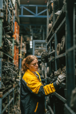 Technician adult women worker working in heavy industry, warehouse manager in garage scrap yardの写真素材