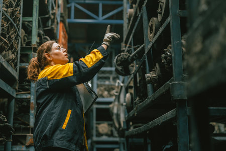 Technician adult women worker working in heavy industry, warehouse manager in garage scrap yardの写真素材