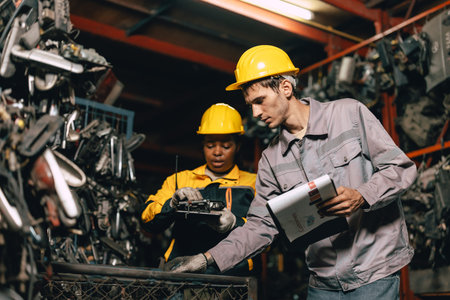 African women with engineer man staff worker working together heavy industry old used metal machine...