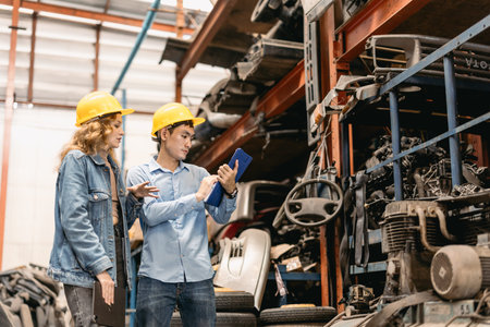 Technician male worker working in garage scrap yard old car part workshop warehouse with women...