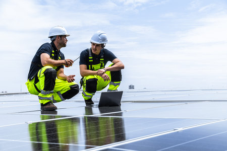 Professional Engineer Service Solar Panel. Worker Maintenance Cleaning Replacing Solar Panel. Solar photovoltaic panel system in Industry roof. Saving Energy with Clean Power.